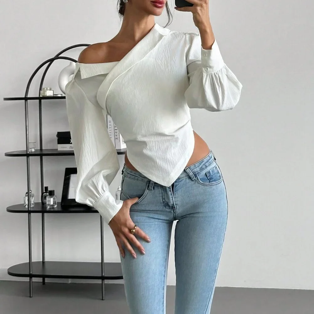 White Elegant Women's Asymmetrical Hem Long Sleeve Blazer - Picture 6 of 7
